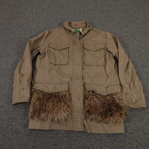 Anthropologie Saskia Utility Coat Womens Small Olive Green Faux Fur Pockets